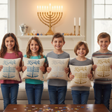 Five children holding Hanukkah-themed pillows with Menorah designs in a festive indoor setting.