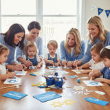 Group of women and children engaging in Hanukkah-themed activities at a table.