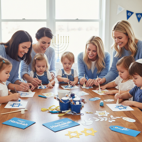 Group of women and children engaging in Hanukkah-themed activities at a table.