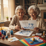 Two elderly women engaging in a craft activity with Hanukkah-themed decorations.