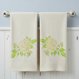 SCR0652 Cabbage Roses Craft Stencil applied to two linen towels in a shabby chic bathroom.
