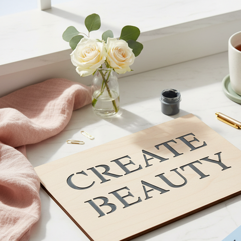 Desk with 'CREATE BEAUTY' sign, flowers, cup of tea, and stationery items.