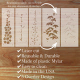 Delphinium 4 Overlay Stencil Set with laser cut designs on a wooden surface, featuring text about product features.