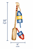 Decorative wall art with a wooden oar and colorful buoys, showing dimensions on a white background.