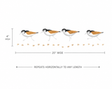 Illustration of four birds with measurements and design notes on a white background
