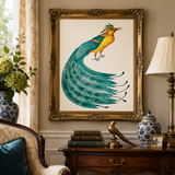 Framed canvas with a stenciled peacock painted onto it.