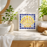MOSAIC SHELL TILE STENCIL PAINTED ONTO A BLANK CANVAS ON A BATHROOM COUNTER
