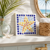 MOSAIC STARFISH TILE APPLIED TO A BLANK CANVAS SITTING ON A SHELF IN A BEACH HOUSE BATHROOM