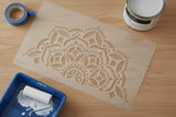 Mandala Stencil prepped and ready to paint onto a surface with a paint roller.