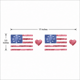 Measurement chart of American flag and heart design with dimensions on a white background