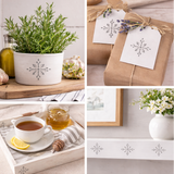 Collage of a white tray with snowflake design, tea set, potted plant, and gift box.