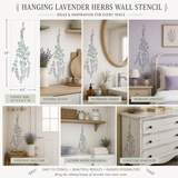 Collage of rooms with lavender herb wall stencils applied, showcasing various application ideas.