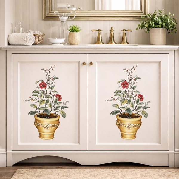 Bathroom vanity with decorative floral stencils on the doors