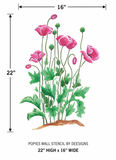 Wall stencil of pink poppies with dimensions 22" high by 16" wide on a white background.
