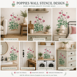 Collage of rooms with poppies wall stencil designs, showcasing various application scenarios.