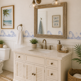 Ocean Waves Stencil Border painted onto a wall in a beach house bathroom