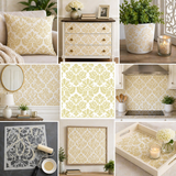 Collage of home decor items with a floral pattern, including pillows, furniture, and kitchen elements.