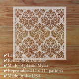 Decorative stencil with damask pattern on a wooden surface, featuring text about its features.