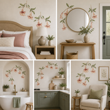 Collage of a bedroom, living room, and bathroom with floral wall decals.