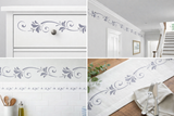 Decorative wall stencils applied to a kitchen cabinet, wall, and table setting.