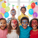 Children with face paint at a birthday party with balloons and streamers.