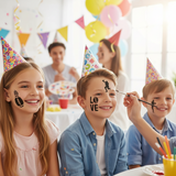 Children at a birthday party with face paint and party hats.