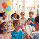 Children with face paint at a birthday party, looking in a mirror.