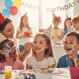 Children with face paint at a birthday party, surrounded by balloons and a 'Happy Birthday' banner.