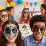 Children with face paint at a birthday party, wearing party hats and colorful balloons in the background.