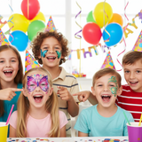 Children at a birthday party with face paint and balloons