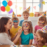 Children with face paint at a birthday party, surrounded by balloons and party hats.
