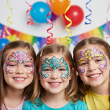 Three children with face paint at a birthday party with balloons and streamers in the background.