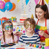 Children with face paint at a birthday party with balloons and cake in the background