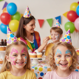 Children at a birthday party with face paint and colorful balloons.