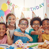 Children at a birthday party with face paint and balloons, smiling.
