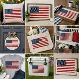 Collage of American flag-themed products including pillows, a tote bag, a t-shirt, and a cooler.