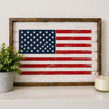 Wooden-framed American flag on a white wall with a plant and candle in the foreground.