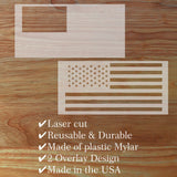 Wooden American flag design on a wooden surface with text highlighting features.