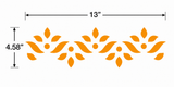 Decorative orange floral pattern with measurements on a white background