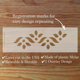 Laser cut stencil with Winthrop Border on a wooden surface, featuring text about its features.