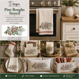Collage of Christmas-themed decor items using Designer Stencils Pine Boughs stencil.