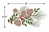 Decorative design of pinecones, branches, and leaves with measurements on a white background