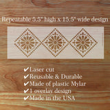 Wooden surface with a plastic mylar stencil featuring floral patterns and text describing its features.