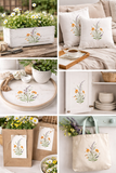 Collage of home decor items with floral designs including a wooden planter, pillows, a tote bag, and a cabinet.
