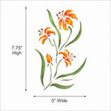 Floral design with orange flowers and green leaves, shown with measurements on a white background.