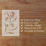 Laser cut Mylar overlay design on a wooden surface with text about its features.