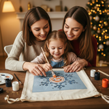 child stenciling bag with snowman snowflake design for giftwrapping with her mom and aunt