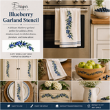 Collage of kitchen decor with blueberry garland stencils on towels and table settings.