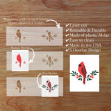 Set of laser cut overlays with bird designs on a wooden surface