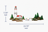 Illustration of a lighthouse with trees and measurements on a white background